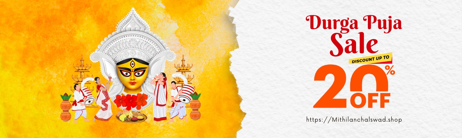 Home yellow and red traditional durga puja sale banner (1600 x 480 px)